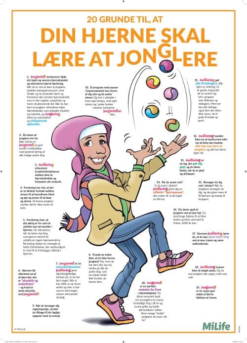 Plakat med titlen ‘20 grunde til, at din hjerne skal lære at jonglere’, der fremhæver lærings- og udviklingsmæssige fordele ved jonglering. Formålet er at motivere til træning af koncentration, koordination og vedholdenhed samt styrke hjernens udvikling gennem leg og bevægelse