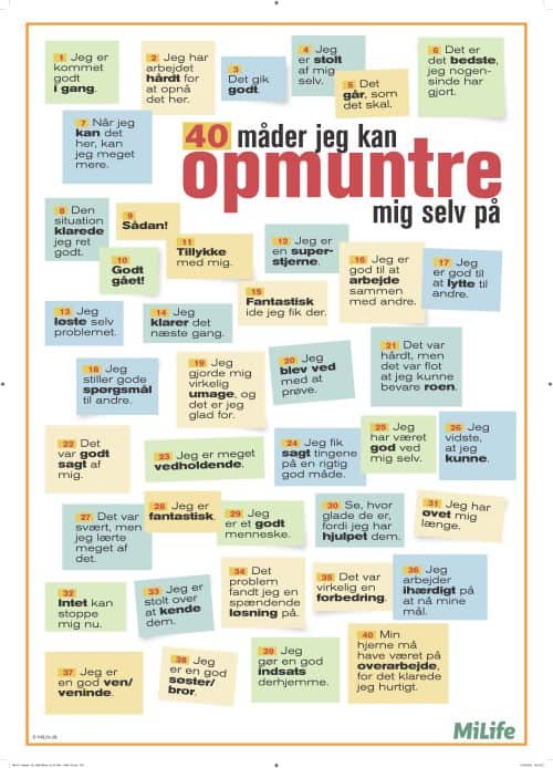 Plakat med titlen ‘40 måder jeg kan opmuntre mig selv på’, der viser korte, positive selvudsagn på farvede felter. Formålet er at styrke selvværd, motivation og vedholdenhed gennem opmuntrende indre dialog og fokus på egne styrker og fremskridt.