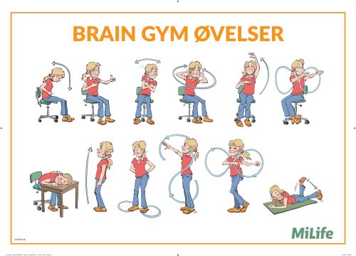 Plakat med titlen ‘Brain Gym øvelser’, der viser en række enkle bevægelsesøvelser illustreret trin for trin. Formålet er at aktivere kroppen og hjernen, øge koncentration og skabe energi og ro gennem korte fysiske pauser.