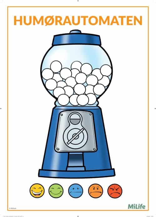 Plakat med en humørautomat og forskellige følelsesikoner, der hjælper børn med at genkende, forstå og tale om deres humør og følelser.