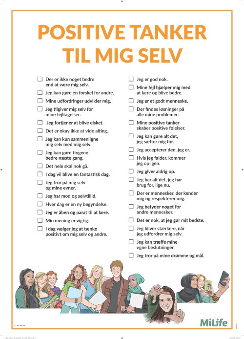 Plakat med positive udsagn til selvrefleksion og trivsel, der hjælper børn og unge med at opbygge selvværd, udvikle et positivt mindset og styrke deres personlige udvikling.