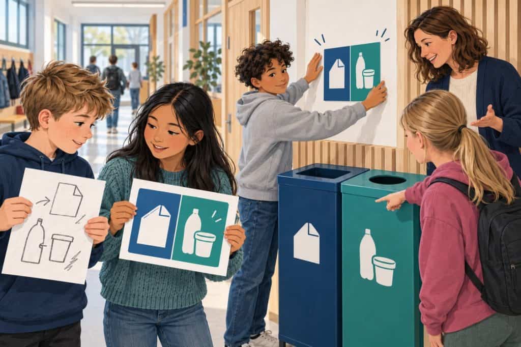 Illustration af elever, der udvikler og afprøver skilte med symboler til affaldssortering på skolen.