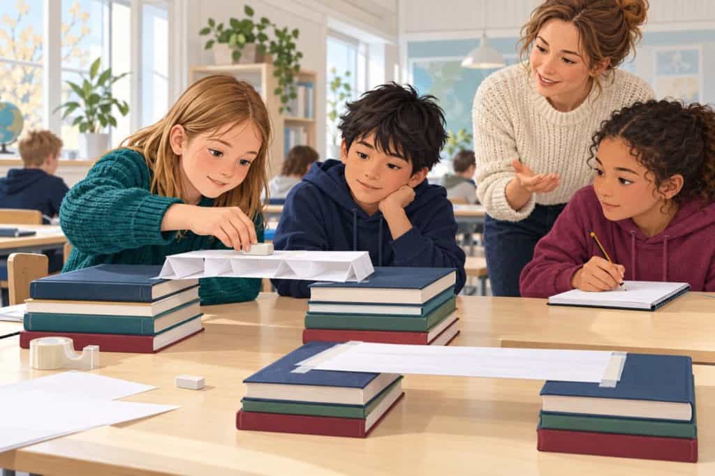 Elever tester en foldet papirbros bæreevne mellem to bogstakke, mens en underviser følger med.